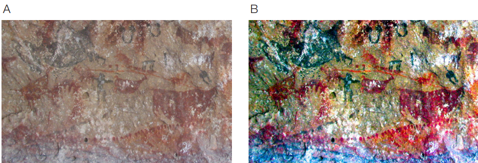 (A) Panel de La María con motivos antropomorfos, guanacos zoomorfos
indeterminados y motivos no figurativos; (B) Misma imagen procesada digitalmente con el
software DStretch (filtro lab, factor 15).
